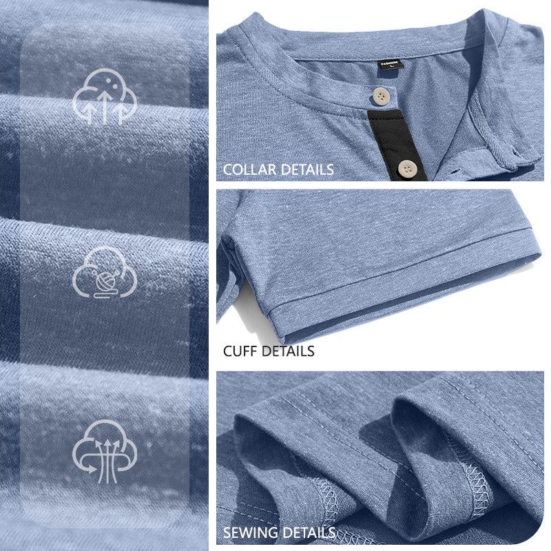 Herren nan strukturiertes Baumwoll-Henleyshirt mit kurzem Stehkragen Knopfleiste und Brusttasche Echo Archiv