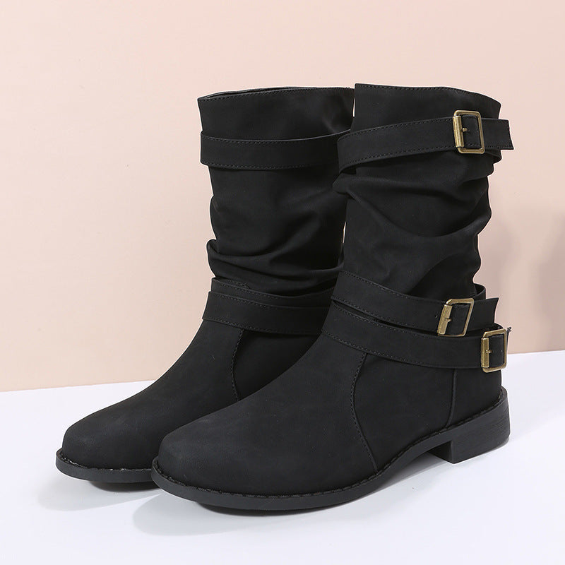 Damen nan lässige knöchelhohe Stiefelette mit gerafftem Schaft, dekorativen Schnallenriemen und flexibler Profilsohle Echo Archiv