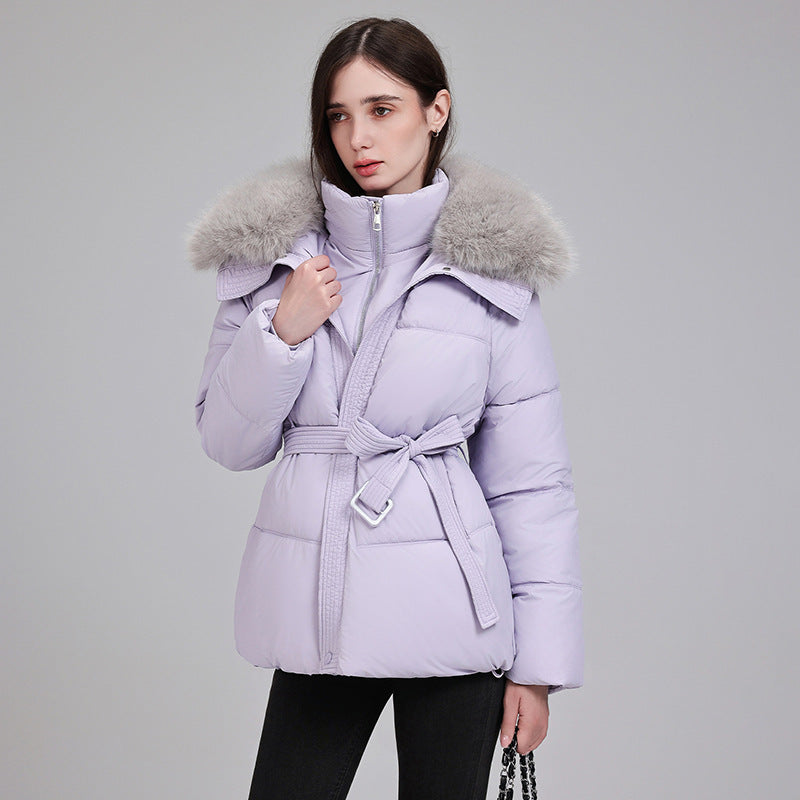 Damen nan luxuriöse kurze Pufferjacke mit integriertem Windschutzkragen und Taillengürtel Echo Archiv