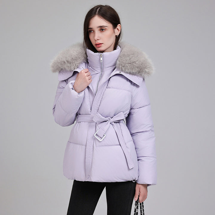 Damen nan luxuriöse kurze Pufferjacke mit integriertem Windschutzkragen und Taillengürtel Echo Archiv
