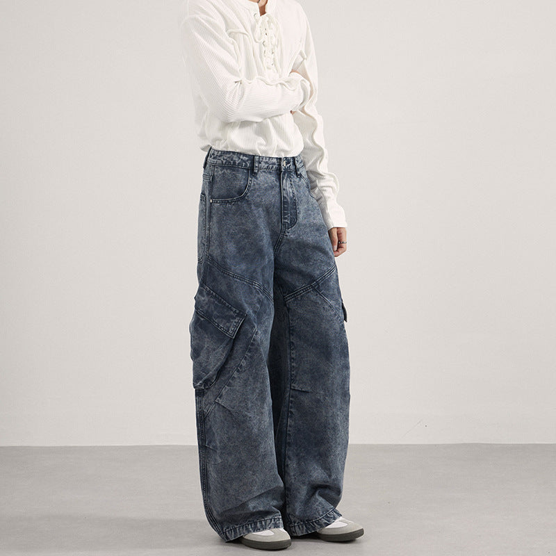Damen Extraweite Cargo-Denim-Palazzohose mit diagonalem Nahtdesign und großen Klappentaschen Echo Archiv