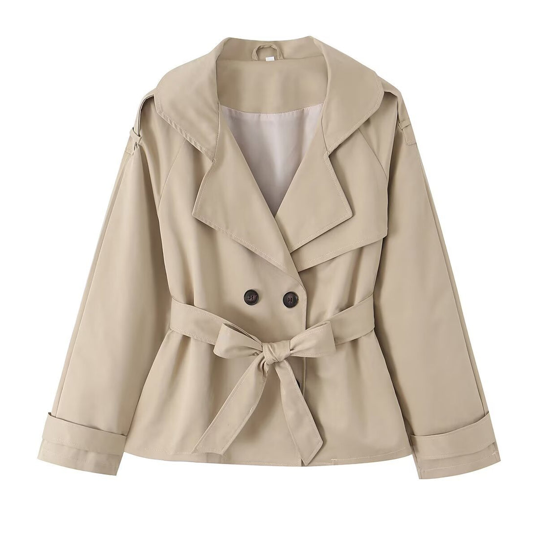 Damen Kurzer Trench‑Blouson mit Reverskapuze, Taillengürtel und doppelter Knopfleiste Echoarchiv