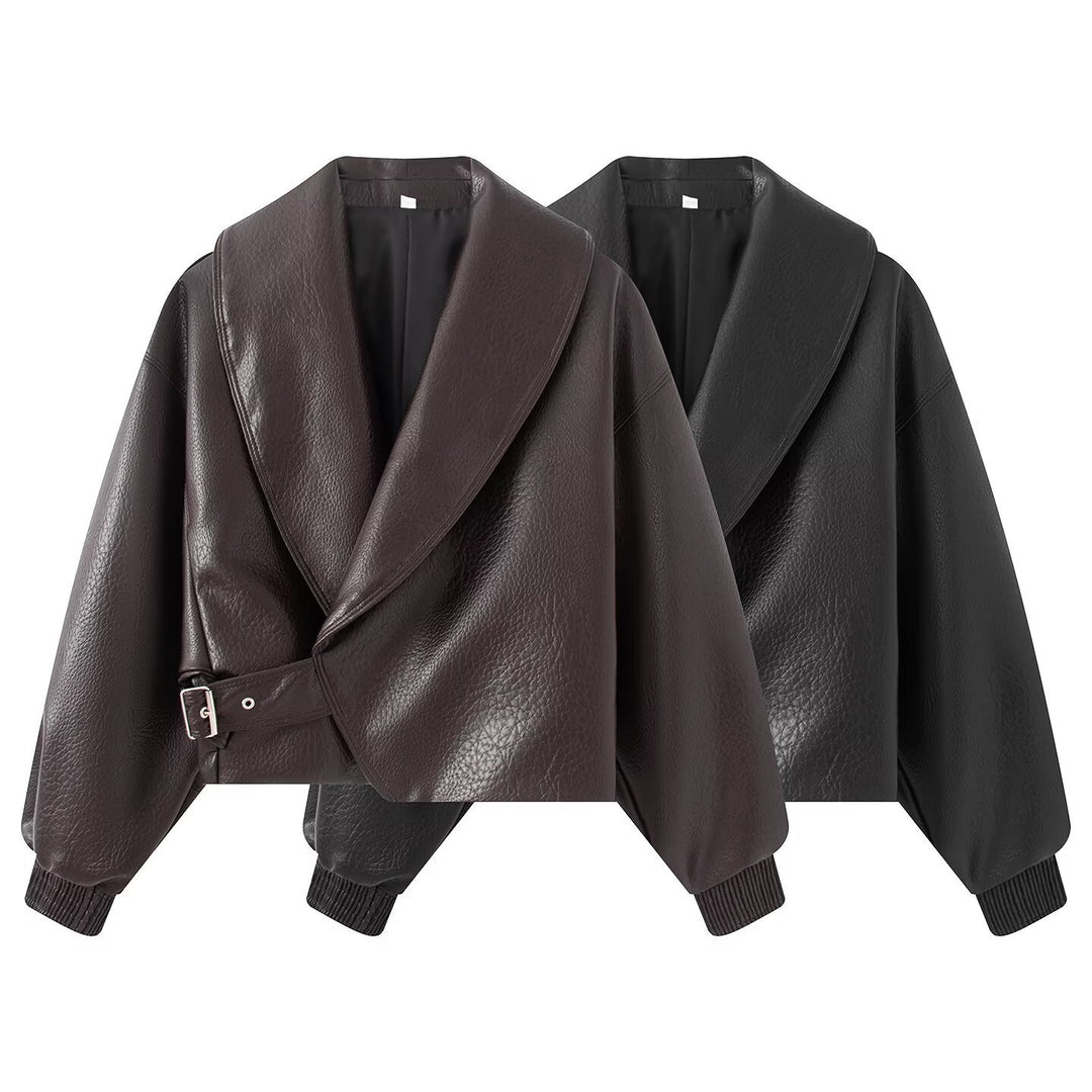 Damen Boxy Cropped Blousonjacke aus Kunstleder mit überlappendem Schalkragen und Taillenriemen Echo Archiv