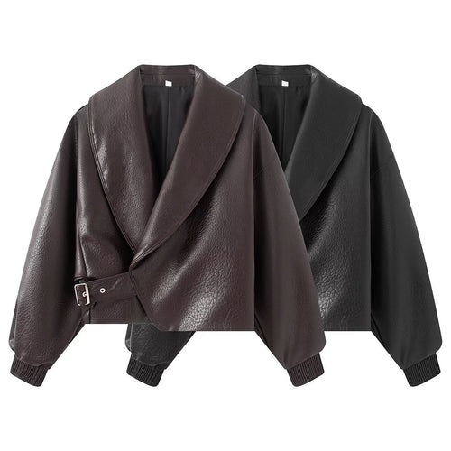Damen Boxy Cropped Blousonjacke aus Kunstleder mit überlappendem Schalkragen und Taillenriemen Echo Archiv