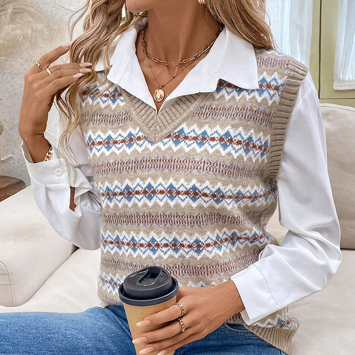 Damen Modischer Strickpullover mit V-Ausschnitt und geometrischem Muster Echo Archiv
