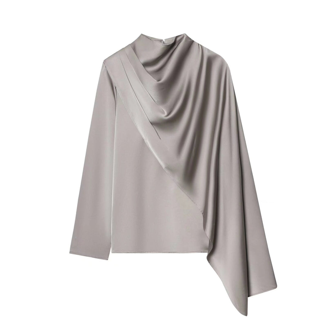 Damen Asymmetrische drapierte Satinbluse mit Wasserfallkragen Echoarchiv