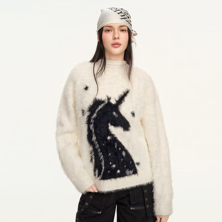 Damen Gemütlicher Grobstrickpullover mit Einhornmotiv Echoarchiv