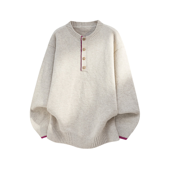 Damen Oversize Strickpullover mit Henley-Knopfleiste und kontrastierten Bündchen Echo Archiv