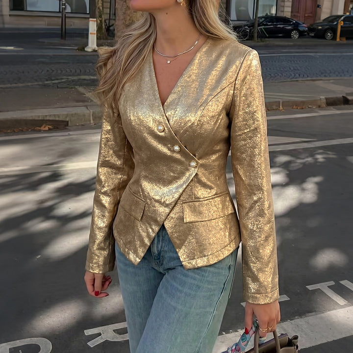 Damen Taillierter Metallic-Blazer mit Perlenknopfleiste und Schößchen – Valéne