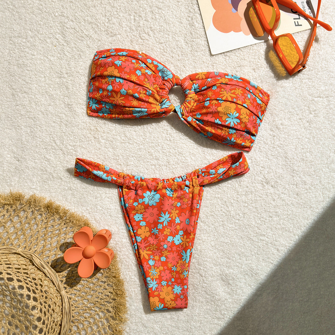 Damen Bandeau-Bikini mit Blumenmuster und Schlaufen-Detail Echo Archiv