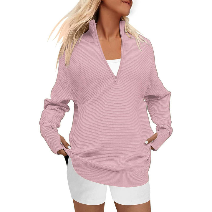 Damen Oversize-Feinstrickpullover mit halbem Reißverschluss, Stehkrragen und Daumenloch-Ärmeln Echo Archiv