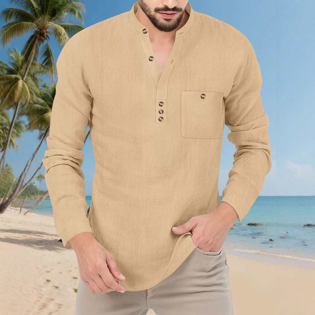 Herren lässiges Langarmshirt mit Knopfleiste und Brusttasche Echoarchiv