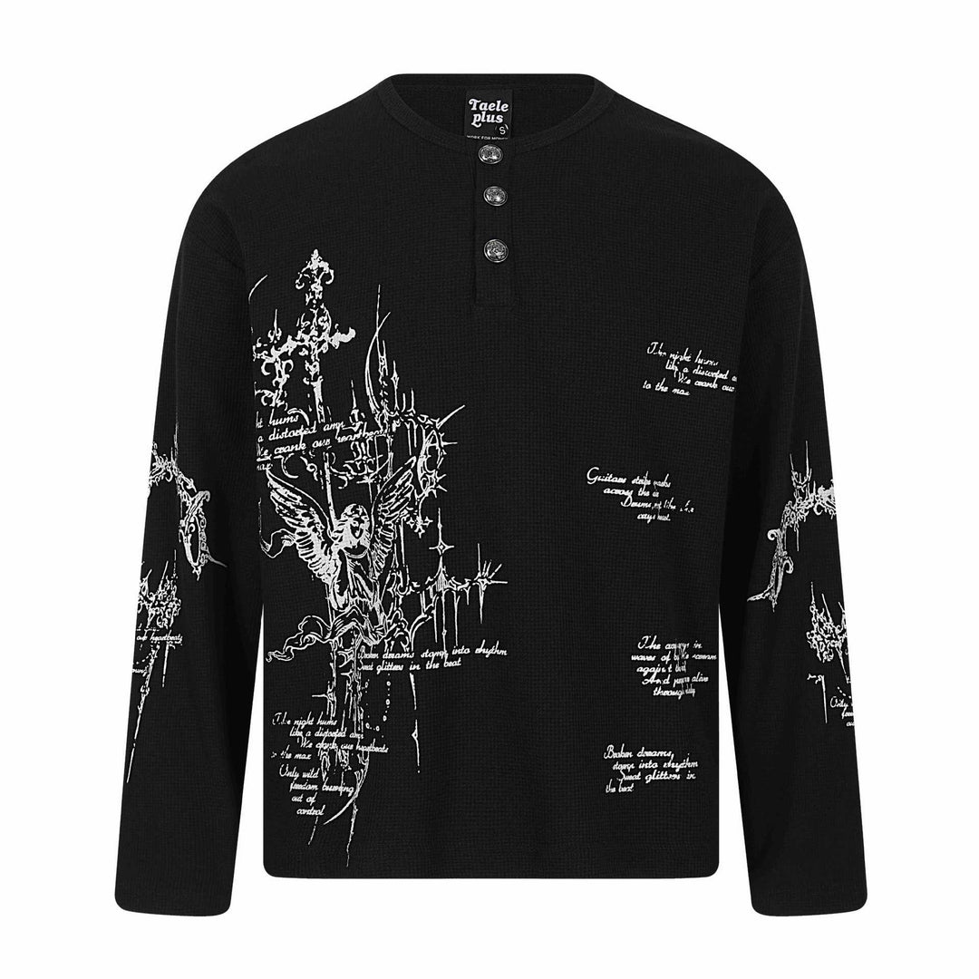 Unisex Waffelstrick-Henley-Langarmshirt mit 3‑Knopfleiste und Allover-Print Echoarchiv
