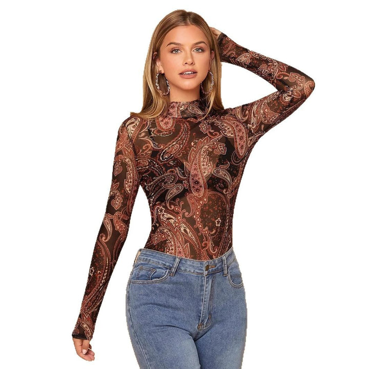 Damen nan figurbetontes halbtransparentes Paisley-Meshshirt mit Stehkragen und langen Ärmeln Echo Archiv