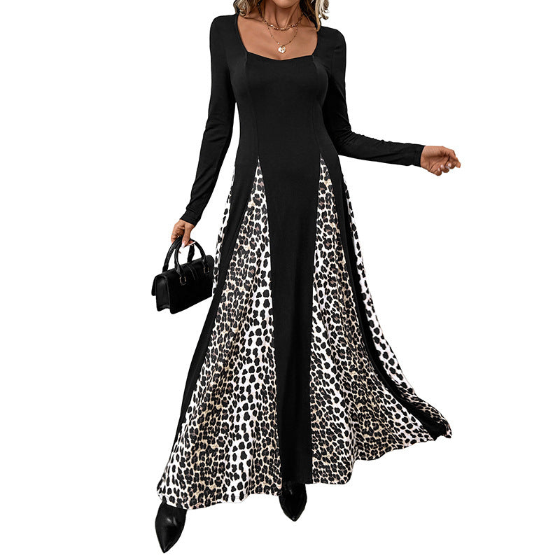 Damen Maxikleid mit Paneeloptik und kontrastierenden Leopard‑Print‑Einsätzen Echoarchiv
