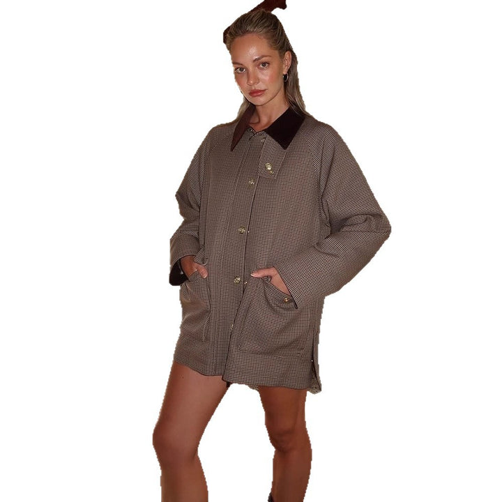 Damen Oversize-Boxy-Jacke im Glencheck mit Samtkragen und goldenen Zierknöpfen Echoarchiv