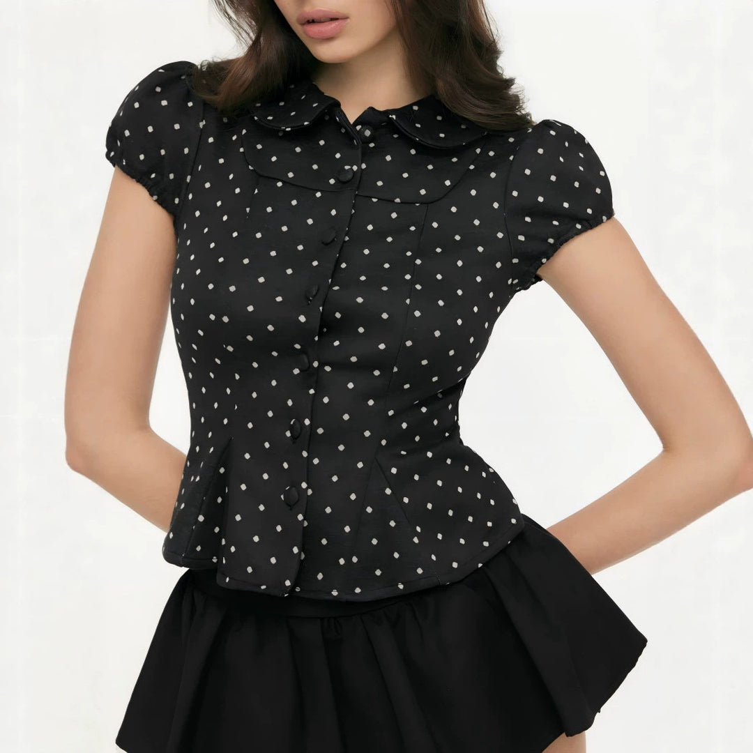 Damen Karo-Bluse mit Bubikragen, Taillierter Peplum-Silhouette und Puffärmeln – Élovi
