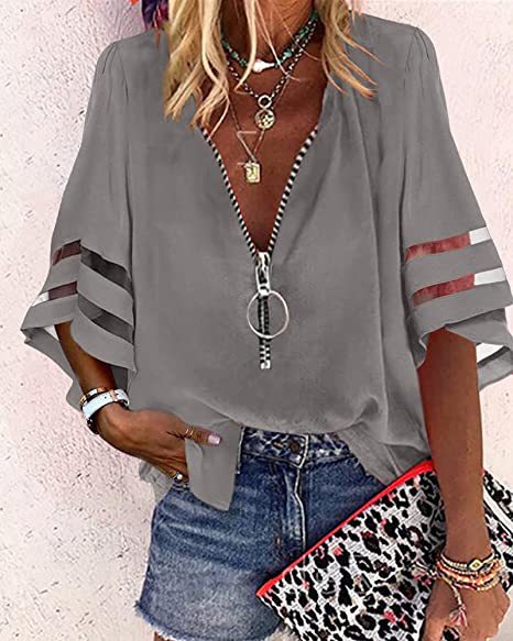 Damen V‑Ausschnitt Bluse mit dekorativem Ringreißverschluss und Cut-Out-Ärmeln Echo Archiv