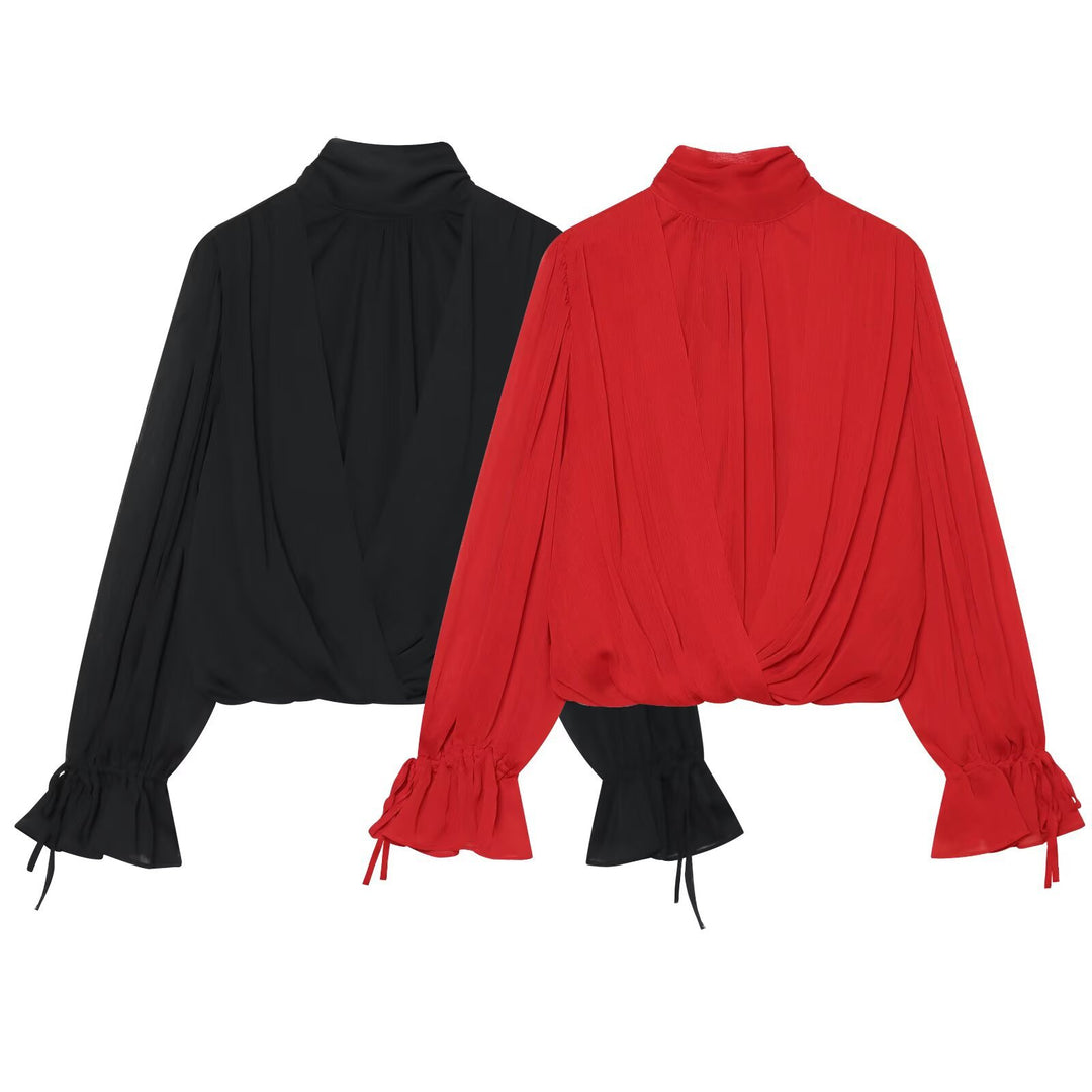Damen Wickel-Cropped-Bluse mit Stehkragen und Volumenärmeln Echo Archiv