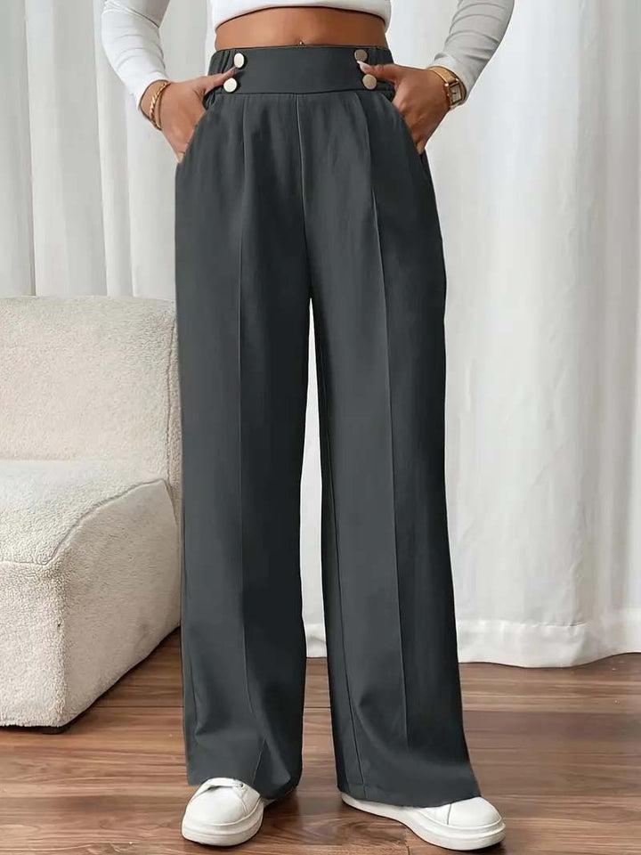 Damen Hochtaillierte Weite Palazzo‑Hose mit Bundknöpfen, Bügelfalte und Eingrifftaschen Echoarchiv