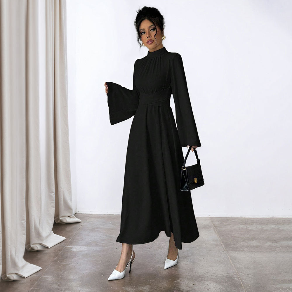 Damen elegantes Maxikleid mit Stehkragen, geraffter Taillenpartie und ausgestelltem A‑Linien‑Rock – Valéora