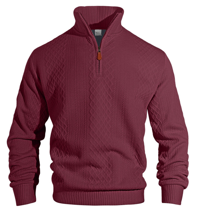Herren nan feinstrukturierter Halbzip-Pullover im Jacquard-Relief mit hohem Stehkragen und Leder-Zipper Echo Archiv