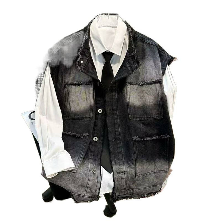 Herren Ärmellose Denim‑Weste im Vintage‑Used‑Look mit ausgefranster Saumkante und Ombre‑Fading Echoarchiv