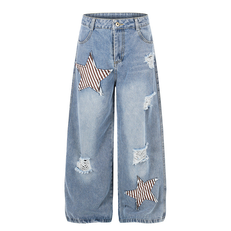 Damen weite hochgeschnittene Jeans mit Stern-Applikationen und Destroy-Effekt Echoarchiv