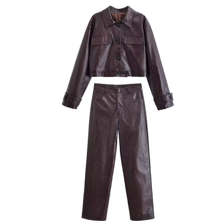 Damen nan gerade geschnittene Kunstlederhose mit Krokoprägung und hoher Taille Echo Archiv