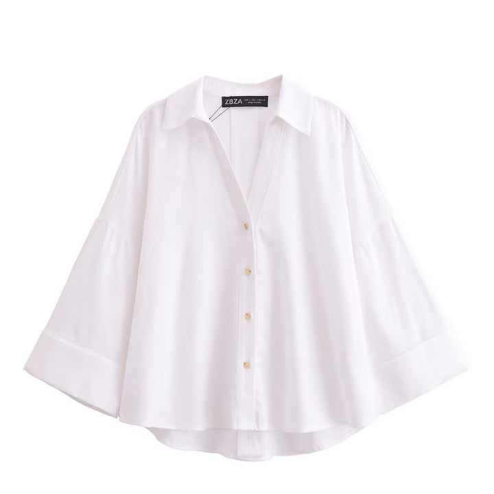 Damen nan lockere oversized Hemdbluse mit weitem Kragen und Dreiviertelärmeln Echo Archiv