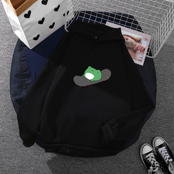 Unisex Kapuzenpullover mit Skater-Frosch-Print, weichem Fleece-Innenfutter und Kängurutasche – Auréline