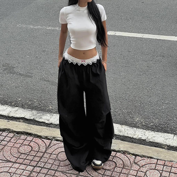 Damen Lässige Lagenhose mit Spitzenbund und Zierschleife – Avélisse