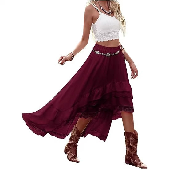Damen Boho Maxi-Rock mit asymmetrischem Saum und Spitzenverzierungen Echo Archiv