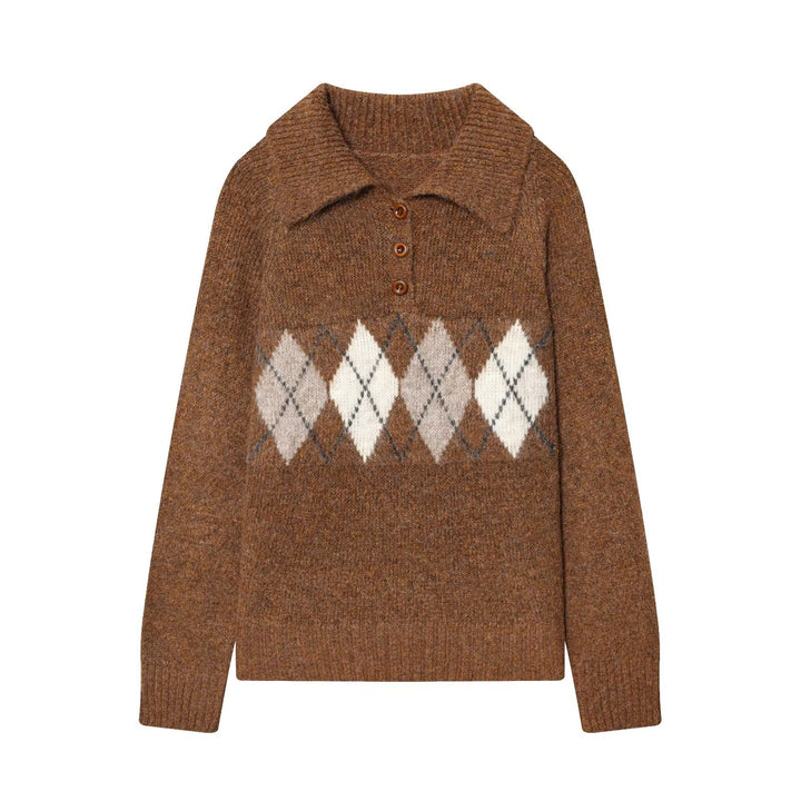Damen Grobgestrickter Pullover mit Polokragen, 3‑Knopf‑Leiste und Argyle‑Dekor Echo Archiv