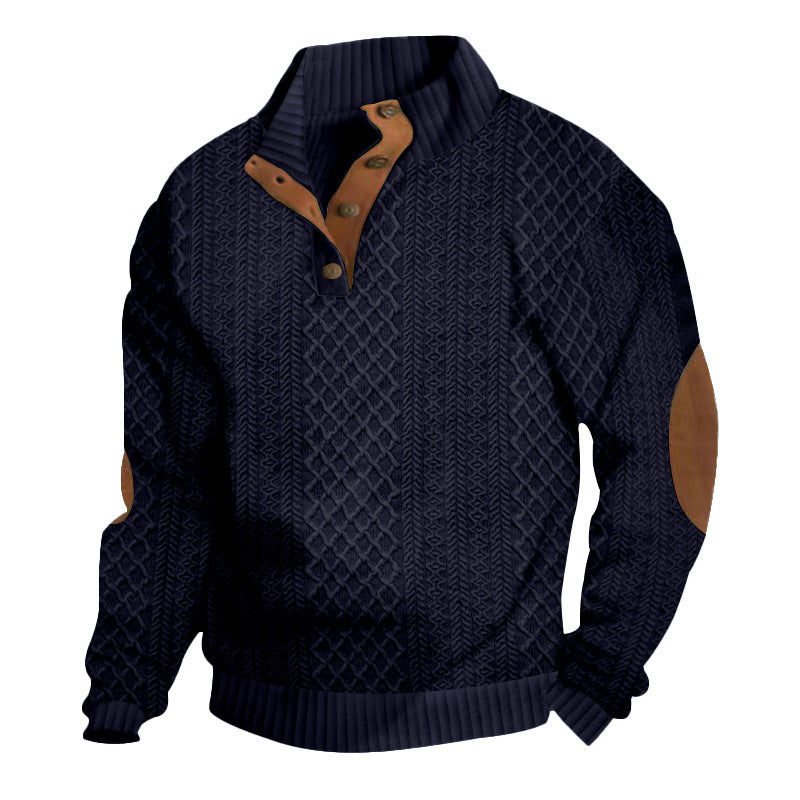 Herren nan gehobener Strickpullover mit Rautenmuster, hohem Rippkragen, knöpfbarer Latzleiste und Lederbesatz an Ellenbogen Echo Archiv