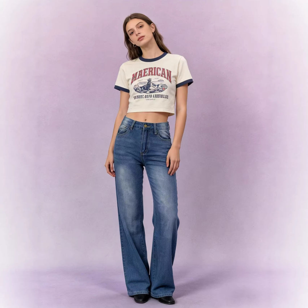 Damen nan hochgeschnittene Jeans mit schmaler Hüftpassform und weitem Schlag im Retro-Stil Echo Archiv