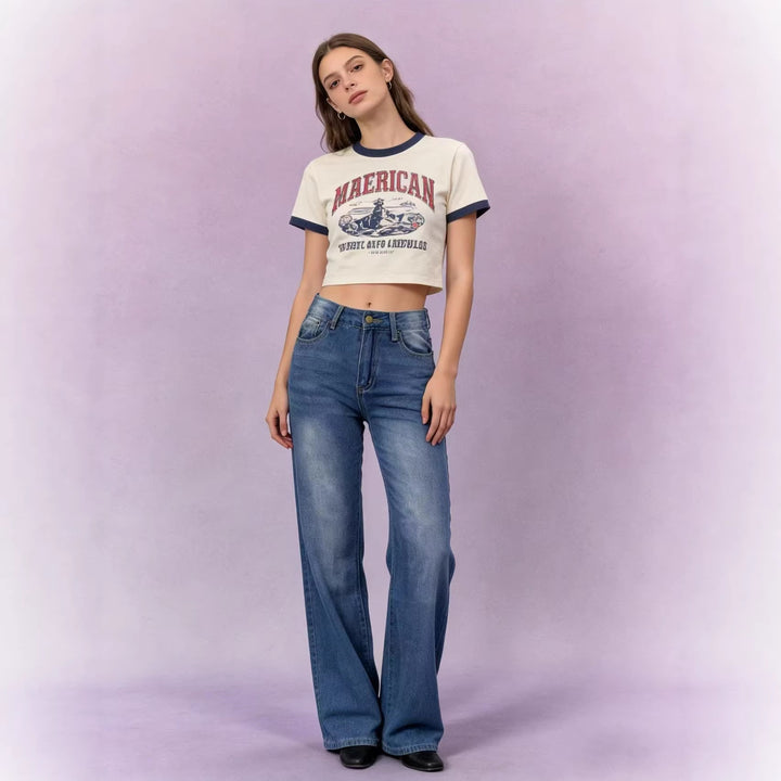 Damen nan hochgeschnittene Jeans mit schmaler Hüftpassform und weitem Schlag im Retro-Stil Echo Archiv