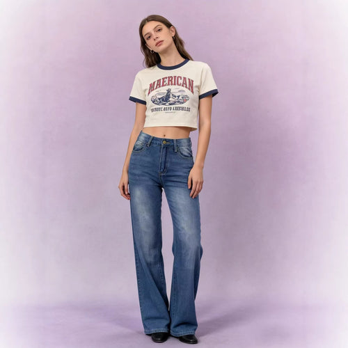 Damen nan hochgeschnittene Jeans mit schmaler Hüftpassform und weitem Schlag im Retro-Stil Echo Archiv