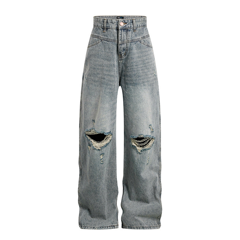 Damen Weite hochgeschnittene Palazzo-Jeans mit Destroyed-Kniepartie Echoarchiv