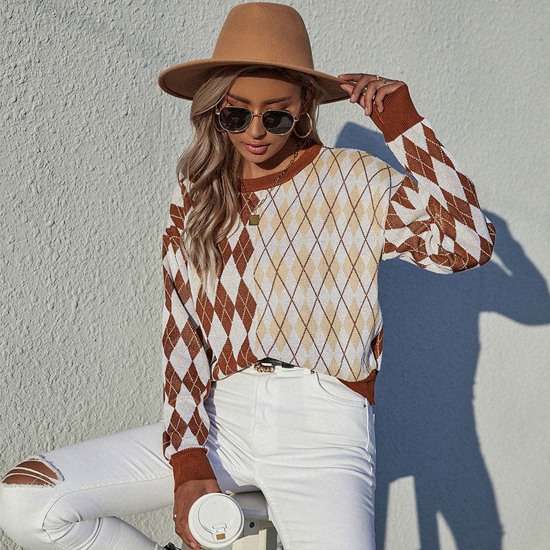 Damen Rauten-Strickpullover mit relaxed Fit und Rundhalsausschnitt – Mavelle