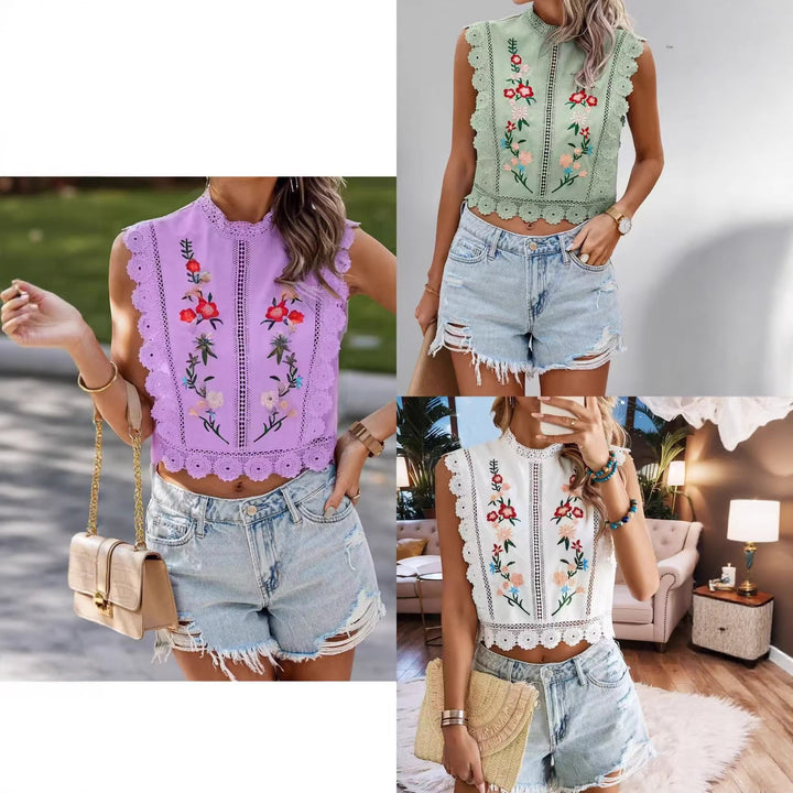 Damen Besticktes Spitzen-Cropped-Top mit Stehkragen und Häkelkanten Echo Archiv