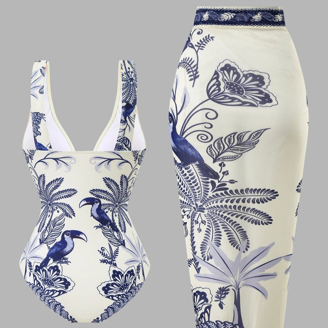 Damen Einteiliger Badeanzug mit floralem Design und elegantem Wickelrock Echo Archiv