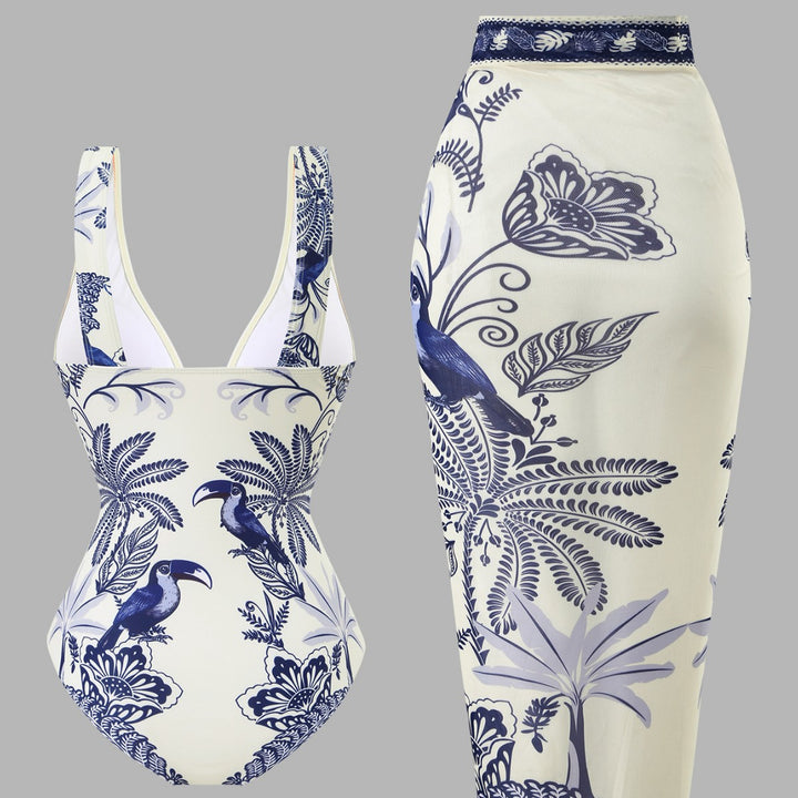 Damen Einteiliger Badeanzug mit floralem Design und elegantem Wickelrock Echo Archiv
