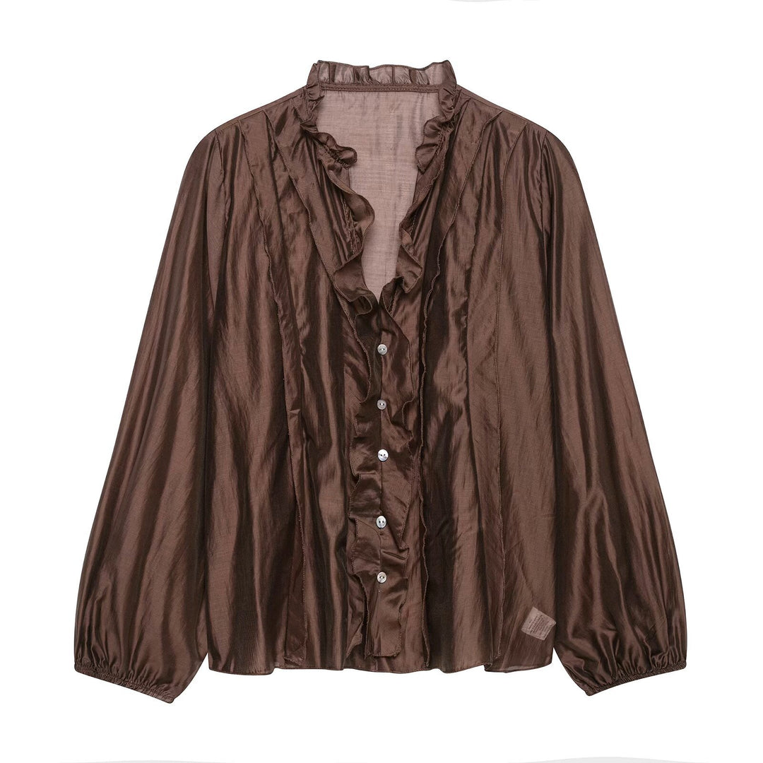 Damen Glänzende Rüschenbluse aus Taft mit Stehkragen und Ballonärmeln Echo Archiv