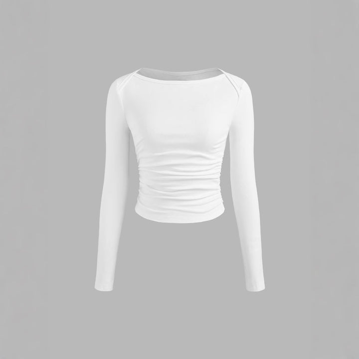 Damen Figurbetontes Langarm-Shirt mit U-Boot‑Ausschnitt und seitlicher Raffung – Avérine