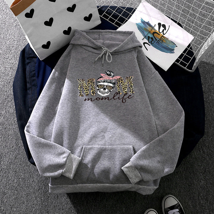 Damen Kapuzenpullover mit "Momlife" Skull-Print, Kängurutasche, weichem Fleece-Innenfutter und lockerer Oversize-Passform – Auréline