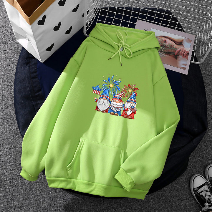 Damen Kapuzenpullover mit patriotischem Gartenzwerg-Print, angerautem Fleece-Innenfutter, Oversize-Schnitt und Kängurutasche – Auréline