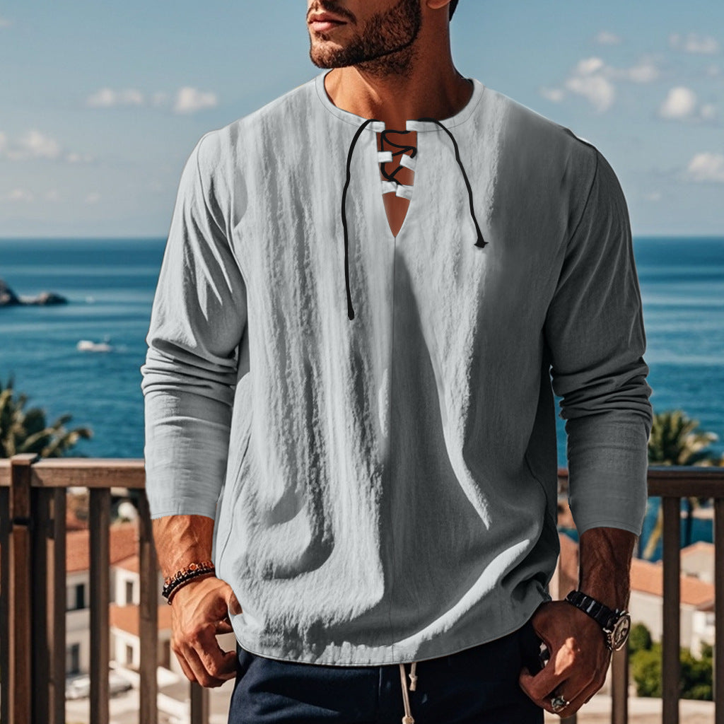 Herren lässiges Langarmshirt mit modischem Schnürdesign und atmungsaktiver Textur Echoarchiv