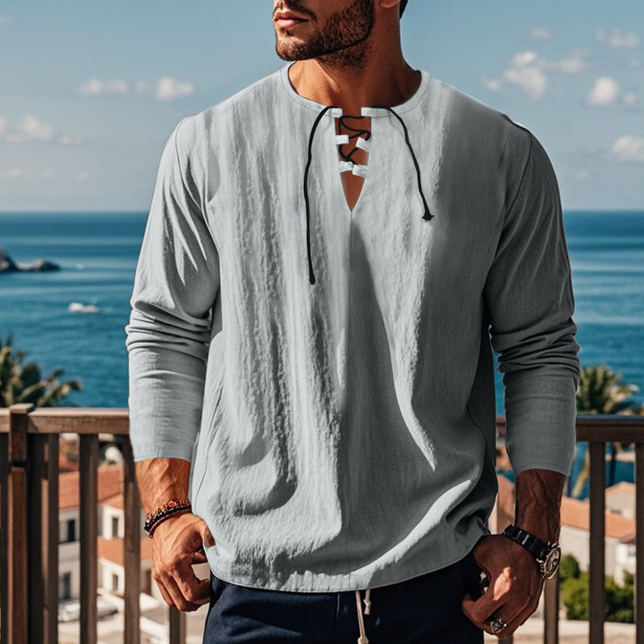 Herren lässiges Langarmshirt mit modischem Schnürdesign und atmungsaktiver Textur Echoarchiv
