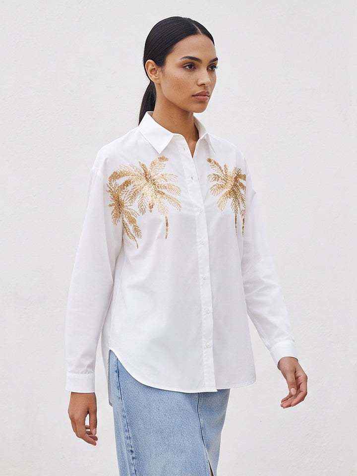 Damen Hemdbluse mit Pailletten-Palmenapplikation, Oversize-Schnitt & klassischem Kragen Echoarchiv